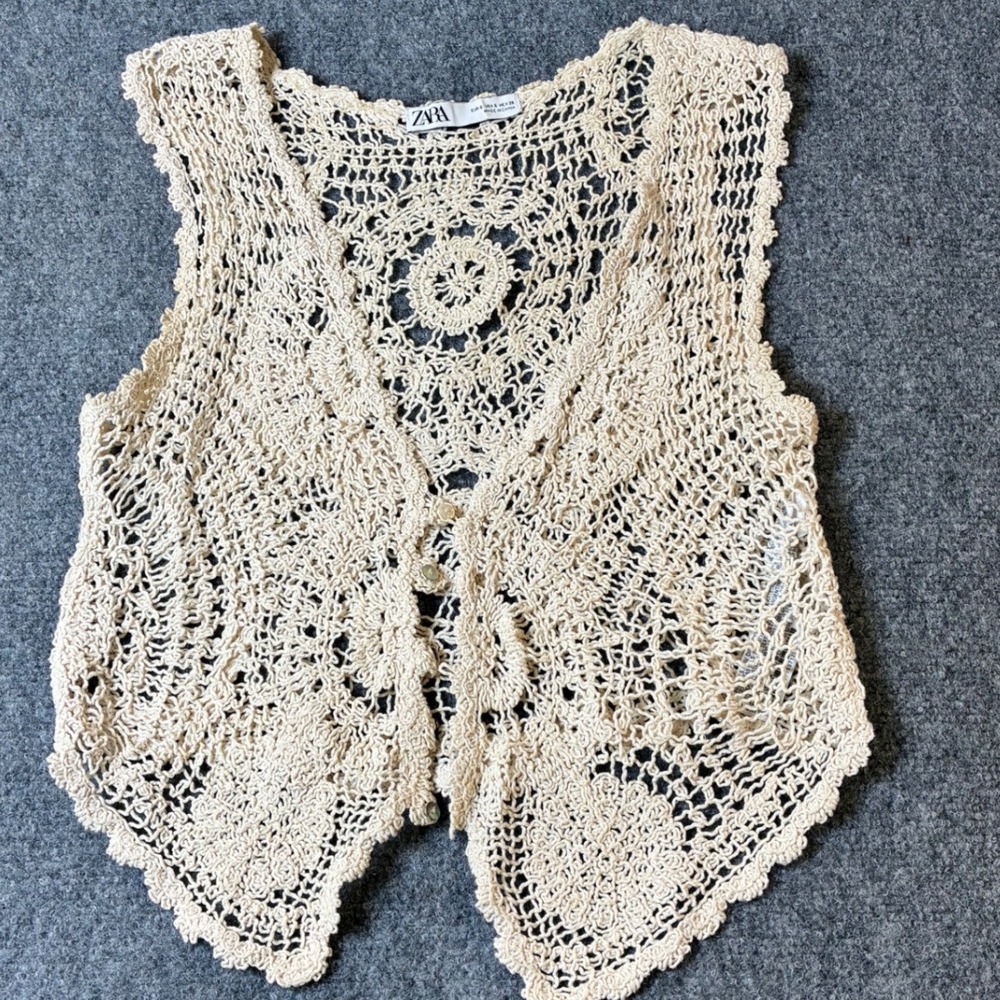 Zara Crochet Vest Women Size S Cream Boho Lace Button‎ Front Openwork Medallion